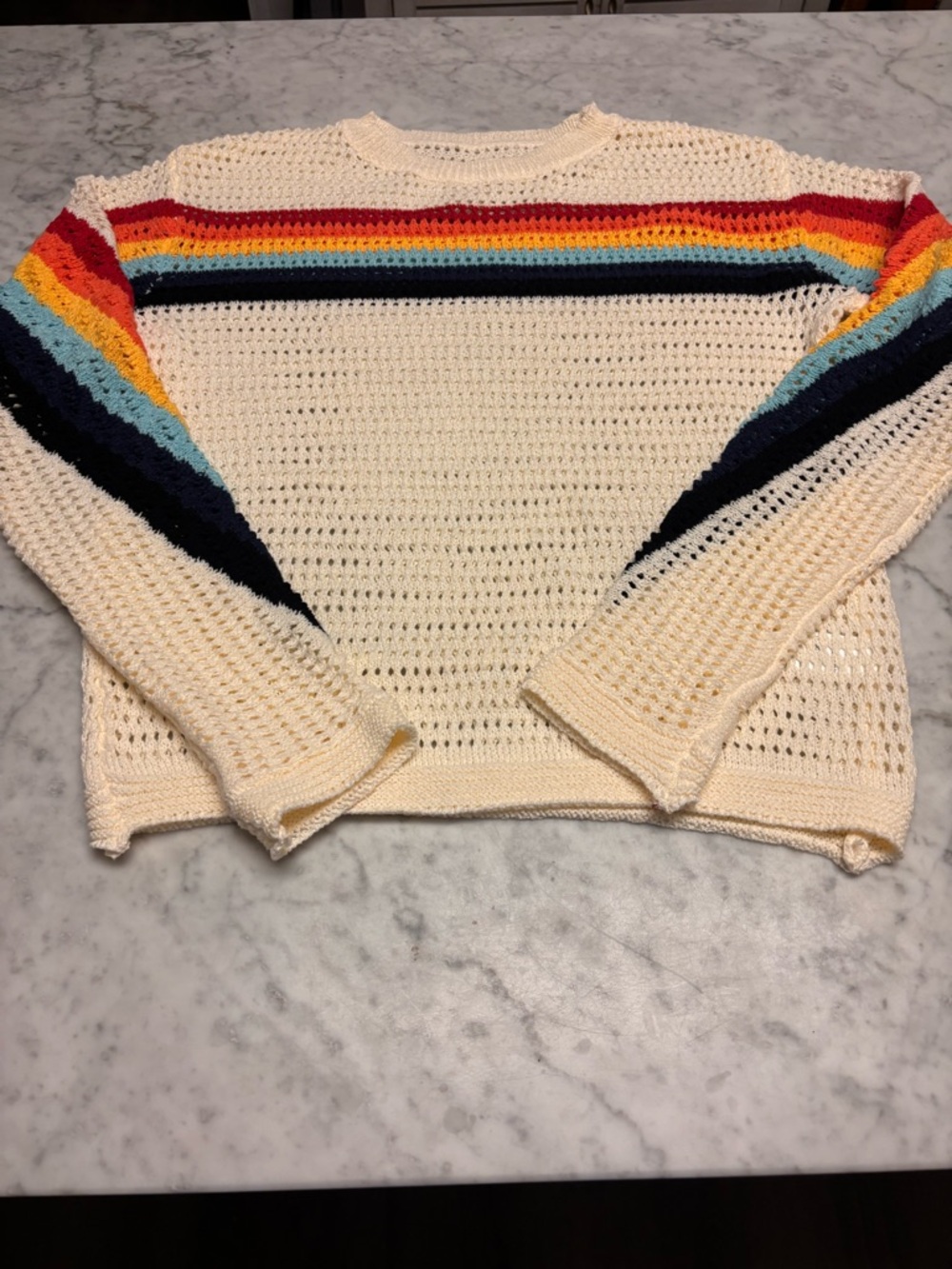 Cream Open-Knit Sweater with Rainbow Stripes